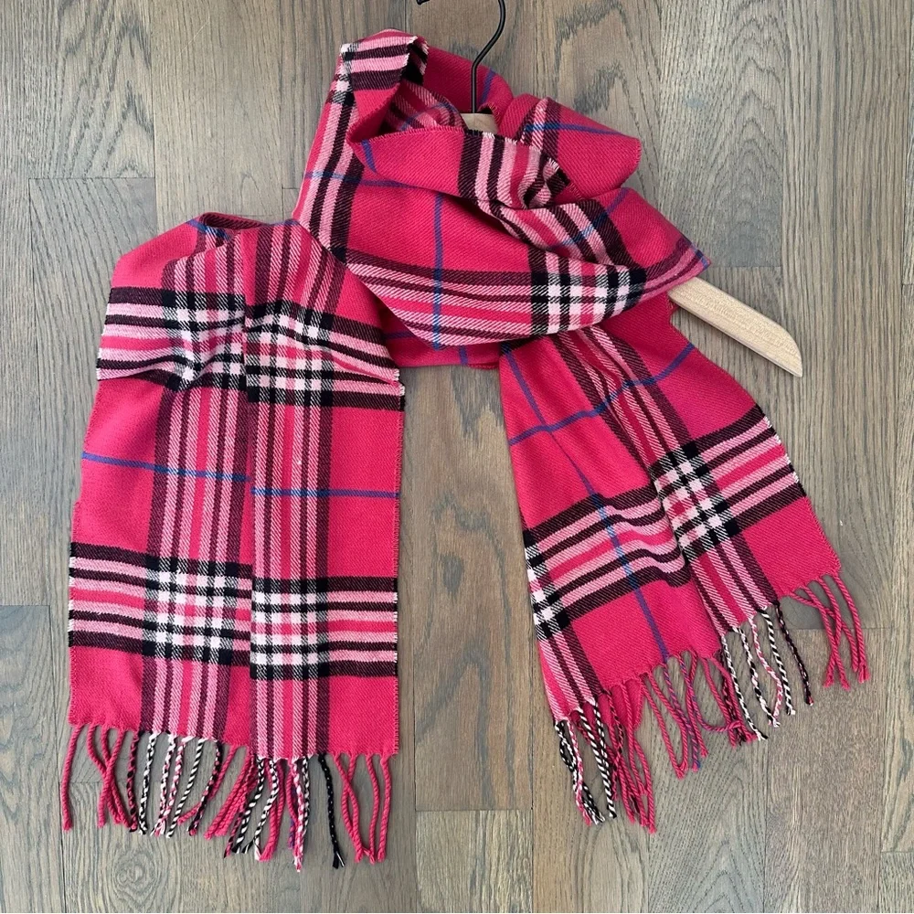 Anthro Vintage Plaid 100% Cashmere Oblong Scarf in Pink Multicolor 72